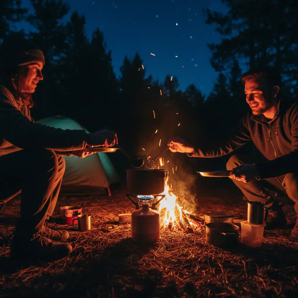 Campers sharing a meal cooked on a portable stove