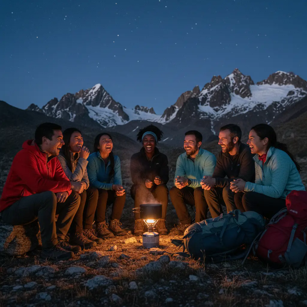 Hikers laughing around a camp stove